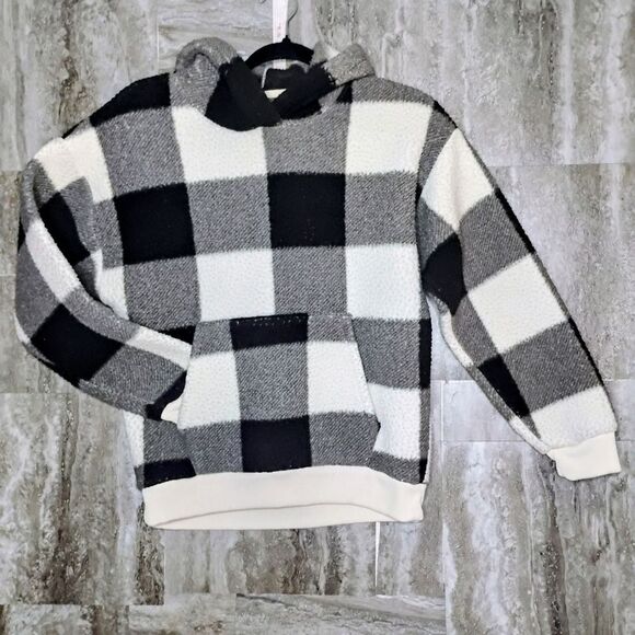 AMERICAN EAGLE Sherpa Fleece Black and White Checkered Pullover Hoodie Size XS - Picture 4 of 7